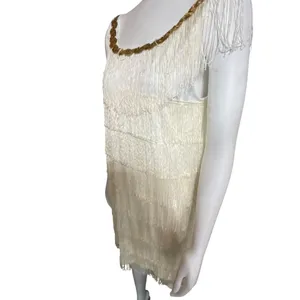 White Sleeveless Flapper-Style Fringe Mini Dress with Gold Sequin Neckline thumbnail 2