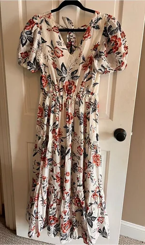 Lucky Brand White Maxi Dress with Red and Navy Floral Print thumbnail 1