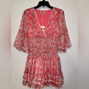 Chelsea & Violet Coral Pink Floral Smocked Mini Dress thumbnail 5