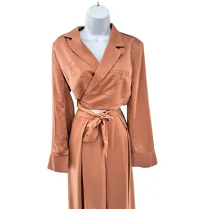 FATE 2pc Satin‎ Cropped Wrap Blazer & Wide Leg Pant Set Brown Medium Large NWT thumbnail 2
