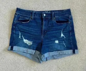 Universal Threads high rise midi dark blue distressed jean shorts thumbnail 1