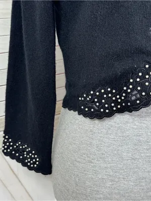 Vintage Lilly Pulitzer Embroidered Pearl Bead Crop Cardigan Sweater Black Medium thumbnail 6