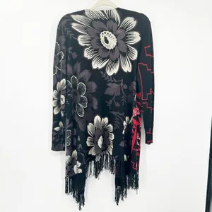 Desigual Womens Boho Dark Detroit Fringe Floral Open‎ Front Knit Cardigan Size L thumbnail 8