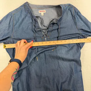 True Religion Large Denim Mini Shirt Dress Lace Up Blue Chambray Cotton Lyocell thumbnail 10