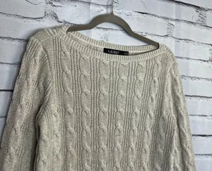 Lauren Ralph Lauren Black Label Cable Knit Cream Sweater Preppy Fall M Vintage thumbnail 3