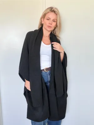 Free People Black Open-Front Knit Poncho with Pockets and Scarf ONE SIZE thumbnail 5