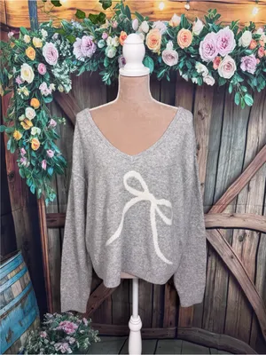 American Eagle Heather Grey Coquette Bow V-Neck Sweater Womens Size Large New thumbnail 3