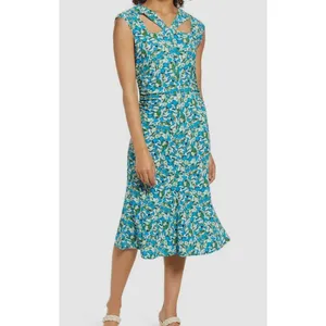 Halogen Blue Green Floral Cap Sleeve Ruched Waist Midi Dress HA469372MI Womens S thumbnail 3