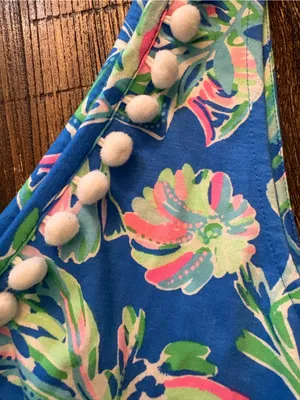Lilly Pulitzer Camilla Swing Dress Womens L Blue Fancy Fins Pom Pom V-Neck thumbnail 6