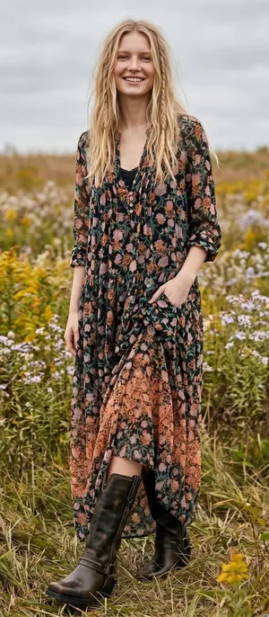 Free People See It Through Maxi Dress in Black Combo Large Floral Prairie Boho thumbnail 1