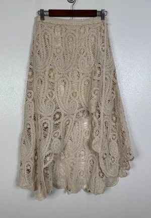POL Crochet Lace Maxi Skirt Cream Boho Asymmetrical High Low SMS138 One Size thumbnail 1
