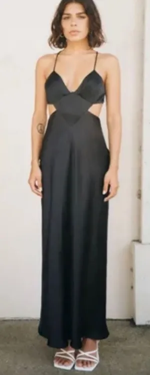 Zara Black Satin Cut Out Slip Maxi Dress Small Tie Back Cocktail Formal Wedding thumbnail 1