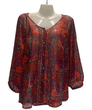 Fred David Women's XL Red Floral Sheer 3/4 sleeves Blouse Dainty Lace‎ Neckline thumbnail 1