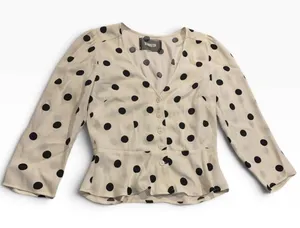 Reformation Blouse Womens 2 Cream Polka Dot Peplum V-Neck Retro Parisian Chic thumbnail 1