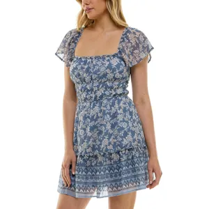 NWT Trixxi Juniors Floral-Print Flutter-Sleeve Dress 26EF76VJII Blue Multi M thumbnail 3