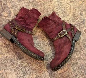 A.S.98 Womens Saint Burgundy Suede Studded Buckle Moto Ankle Boots US 6.5 - 7 thumbnail 1