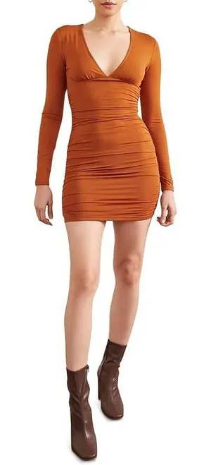 NWT Forever 21 Ruched V-Neck Mini Dress Burnt‎ Orange Long Sleeve Bodycon Rust thumbnail 1