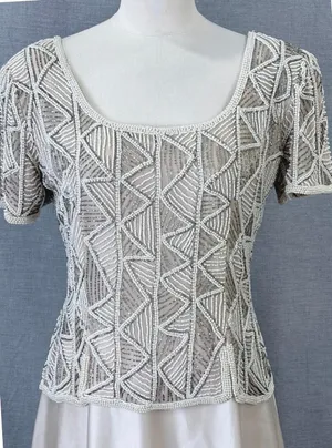 Vintage Stenay Beaded Silk Gown Ivory Geometric Seed Pearl Bodice Formal‎ Maxi 8 thumbnail 1
