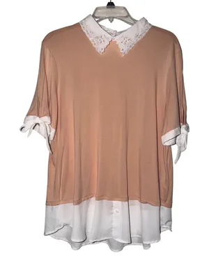 Misia Peach Lace Collar Layered Button‎ Front Shirt Top Women XL thumbnail 1