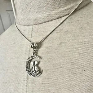 Silver tone cats sitting on moon pendant necklace Silver thumbnail 6