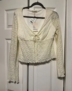 See You Monday Lace Tie Front Blouse in Cream Size XL NWT thumbnail 1