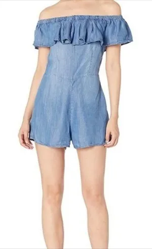 Altar'd State CHAMBRAY OFF SHOULDER COASTAL CHIC DENIM BLUE RUFFLE NECK ROMPER thumbnail 1