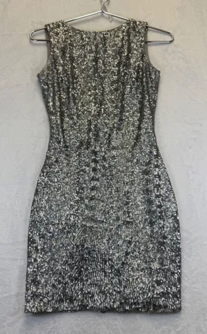Dress‎ the Population Silver Sequin Mini Dress Womens XS Low V-Back Made in USA thumbnail 1