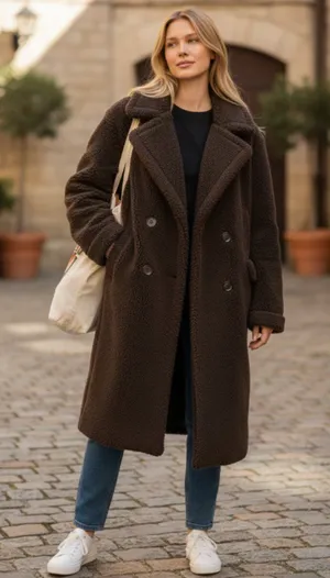 NWT Stoosh Sherpa Fabric Teddy Double-Breasted Long Coat IN BRACKEN thumbnail 1
