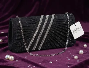 Sasha Accessories Shimmering Black Evening Clutch with Crystal Rhinestone Accents thumbnail 2