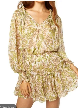MisA Los Angeles Floral Mini Dress in Green Goddess thumbnail 1