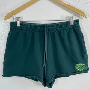 PINK Victoria's Secret Campus Fleece Shorts Medium Green Varsity Crest Raw Hem thumbnail 4