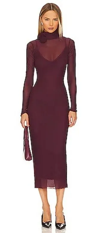 AFRM Revolve Shailene Fig Burgundy Mesh Long Sleeve Rosette Turtleneck Dress XS thumbnail 1