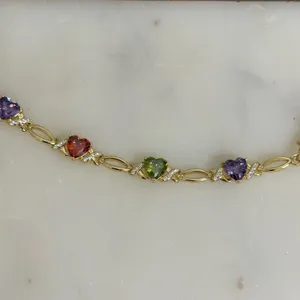 14K Gold Plated XP Multi Color Heart Stone Hugs Kisses Link Bracelet 7.5 Inch thumbnail 3
