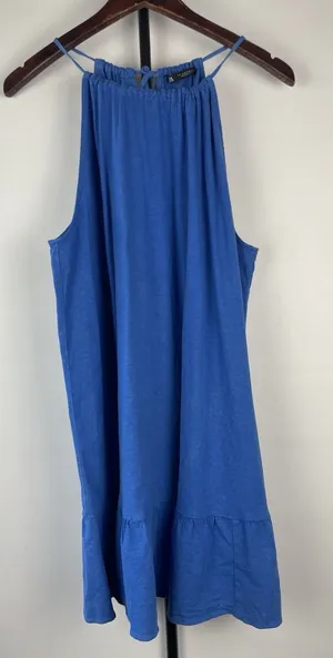 Zara Linen Blend Blue Ruffle Hem Mini Strappy Halter Casual Dress Size‎ M thumbnail 1