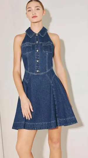 Nordstrom Denim Halter Mini Dress Button Front Fit & Flare A-Line Sleeveless M thumbnail 1