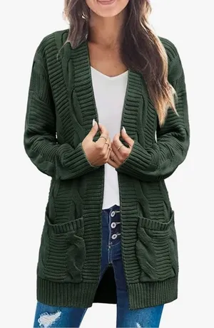 Merokeety NEW Green Long Sleeve Cable Knit Cardigan Sweater Fall Outerwear Pockets 2X thumbnail 1