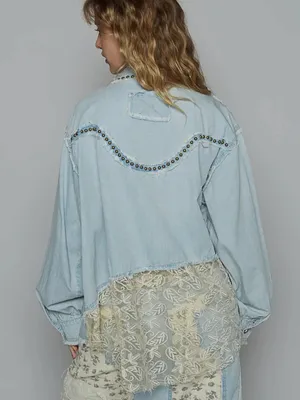 POL Light Wash Denim Button Down Top Shirt Studded Western Lace Trim Small S thumbnail 11