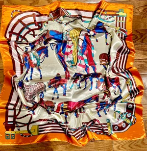 Vintage classic EQUESTRIAN horses PRINT ORANGE/ off white SQUAR SILK SCARF 35/35 thumbnail 20