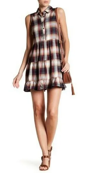 As U Wish Womens Dress Size Large Sleeveless Plaid Brown Shirt Tiered NEW‎ thumbnail 1
