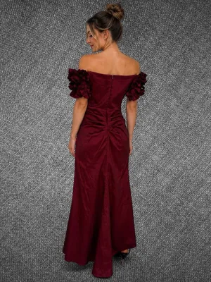 Xscape Burgundy Off Shoulder Ruffle Sleeve Ruched Formal Gown Size 10P thumbnail 8