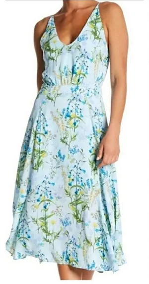 Adelyn Rae ruffle floral midi open back sky blue‎ dress sz M thumbnail 1