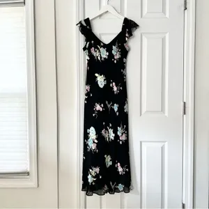 Evan Picone Black Floral 90s V Neck Flutter Sleeve Midi Sun Dress 10P Lined thumbnail 11