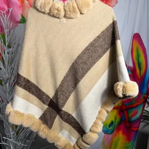 H93. Beautiful cream and brown poncho with fur trim thumbnail 3