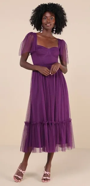 NWT Lulus Dreamy Celebration Plum Purple Tulle Bustier Swiss Dot Midi Dress Sz S thumbnail 1