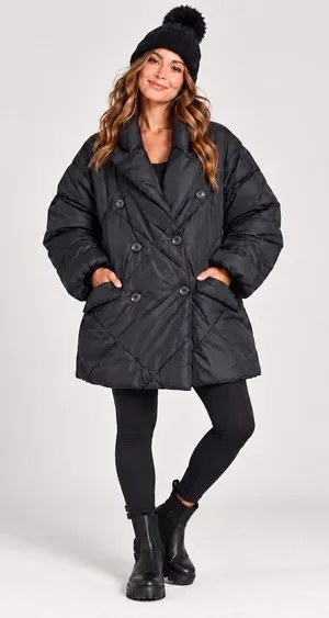 Free People Ella Puffer Coat Women's L Black Longline Double Breasted Quilted thumbnail 1