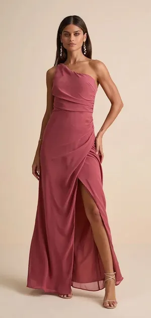 Lulus Adeline Rusty Rose One Shoulder Scarf Maxi Dress Formal Evening Large NWT thumbnail 1