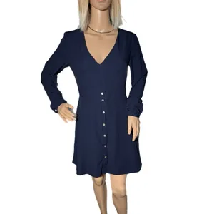 HUTCH Designer Button Front Mini Dress Navy Long Sleeve V-Neck Womens Sz S 4 thumbnail 2