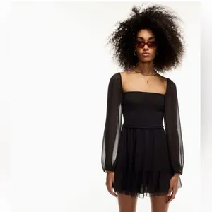 Aritzia Wilfred Women’s S Temptest Smocked Chiffon Mini Dress‎ Black Whimsigoth thumbnail 10