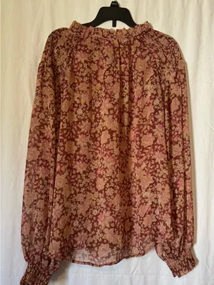Joie Burgundy Pink Floral Lurex Smocked Blouse Size Large thumbnail 2