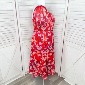 Torrid Floral Crinkle Fabric Tiered Puff Sleeve Smocked Midi Dress Red‎ Pink 12 thumbnail 4